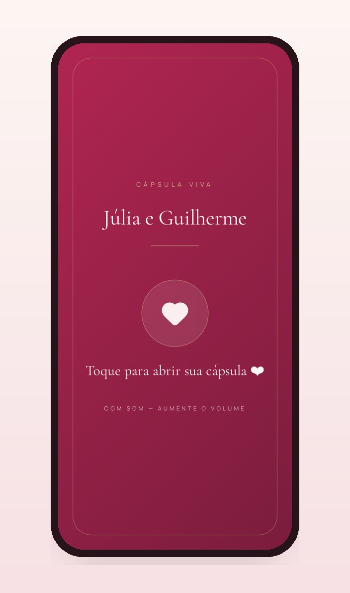 Tela de abertura da experiência Cápsula Viva de Júlia e Guilherme exibida em um celular
